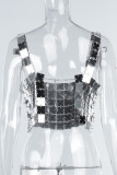 Серебряные сексуальные однотонные лоскутные топы с открытой спиной и квадратным воротником