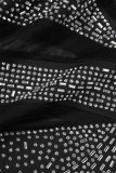 Schwarze sexy Patchwork Hot Drilling durchsichtige O-Ausschnitt Langarm-Kleider