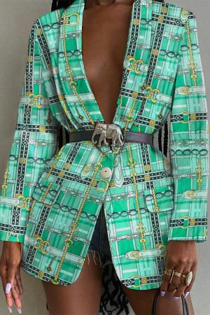 Grüne Casual-Arbeits-Oberbekleidung mit eleganten Print-Knöpfen und Umlegekragen (mit Gürtel)
