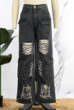 Черные повседневные однотонные рваные джинсы стандартного кроя с высокой талией