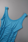 Azul Sexy Fiesta Sólido Ahuecado Diseño de correa O Cuello Vestidos de falda de un paso