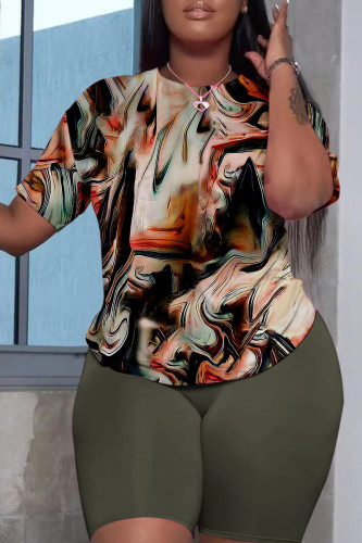 Army Green Casual Print Basic O Neck Short Sleeve Two Pieces T-shirt Tops And Short Set