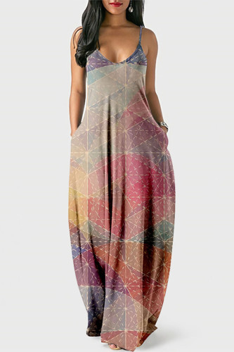 Pink Casual Print Patchwork Pocket Spaghetti Strap Lantern Skirt Dresses
