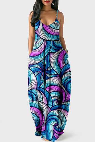 Blue Purple Casual Print Patchwork Pocket Spaghetti Strap Lantern Skirt Dresses