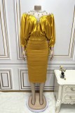 Yellow Casual Patchwork Beading Fold Half A Turtleneck Plus Size Two Pieces