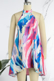 Color Casual Street Simplicity Print Frenulum Backless Halter Irregular Dress Vestidos