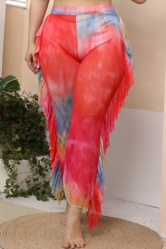 Red Casual Solid Tie Dye Patchwork See-through Plus Size 