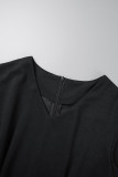 Черное повседневное однотонное платье в стиле пэчворк с V-образным вырезом и коротким рукавом Платья