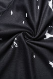 Черные базовые повседневные брюки с круглым вырезом и коротким рукавом из двух предметов с принтом черного цвета