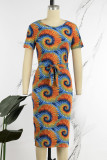 Farbe Casual Print Basic O-Neck Kurzarm-Kleid