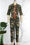 Camouflage Casual Camouflage Print Patchwork Zipper Collar Regular Jumpsuits