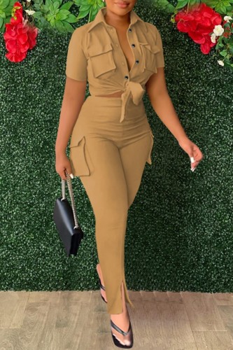 Khaki Casual Solid Patchwork Turndown Collar Short Sleeve Two Pieces