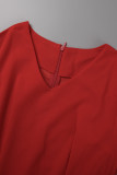 Vestido de manga corta con cuello en V de patchwork sólido informal rojo Vestidos