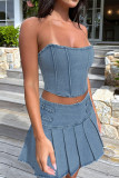 The cowboy blue Sexy Solid Patchwork Fold Strapless Sleeveless Two Pieces