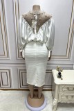 White Casual Patchwork Beading Fold Half A Turtleneck Plus Size Two Pieces