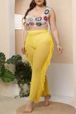 Yellow Casual Solid Tie Dye Patchwork See-through Plus Size 