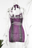 Фиолетовые сексуальные уличные вечерние полосатые лоскутные металлические аксессуары украшения спинки Холтер одношаговые юбки платья