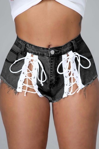 Schwarze, modische, sexy, feste Jeans mit Riemendesign und mittlerer Taille