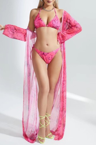 Rose Red Sexy Print Frenulum Backless Swimsuit Three Piece Set (With Paddings)