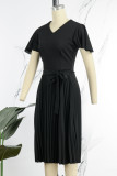 Zwart casual effen patchwork jurk met V-hals en korte mouwen