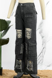 Черные повседневные однотонные рваные джинсы стандартного кроя с высокой талией