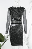 Vestidos de manga larga con cuello en O transparente con perforación en caliente de patchwork sexy negro