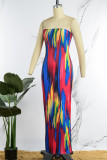 Multicolor Rainbow Sexy Print Backless Slit Strapless Long Tube Bodycon Maxi Dresses
