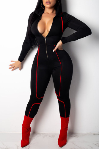Black Elastic Fly Long Sleeve Mid Print Skinny Pants Jumpsuits & Rompers