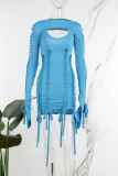 ブルー セクシー パーティー ソリッド 中空ストラップ デザイン O ネック ワン ステップ スカート ドレス