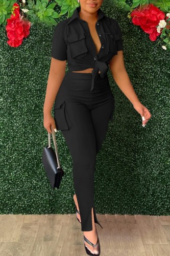 Black Casual Solid Patchwork Turndown Collar Short Sleeve Two Pieces