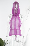Rose Red Sexy Casual Solid Bandage See-through Backless Hooded Collar Tops