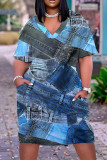 Donkerblauwe casual print basic jurk met V-hals en korte mouwen