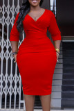 Vestidos de falda de un paso con cuello en V de retazos sólidos casuales rojos