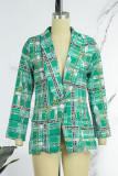 Grön Casual Work Elegant tryckknappar Ytterkläder med vändkrage (med bälte)