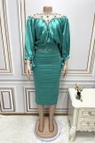 Green Casual Patchwork Beading Fold Half A Turtleneck Plus Size Two Pieces