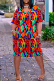Colour Casual Print Basic V Neck Short Sleeve Dress