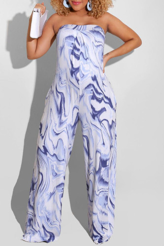Light Blue Sexy Casual Print Backless Strapless Regular Jumpsuits