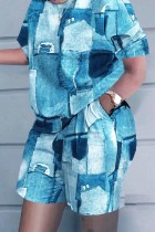 Sky Blue Casual Print Basic O Neck Plus Size Two Pieces