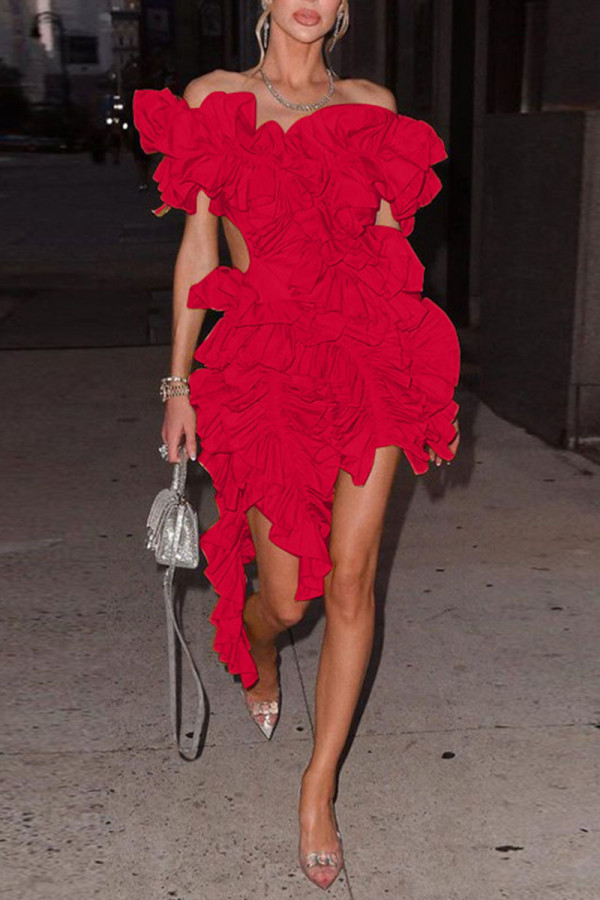 Röd Sexig Solid Patchwork Stringy Selvedge V-hals oregelbunden klänning klänningar