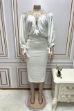White Casual Patchwork Beading Fold Half A Turtleneck Plus Size Two Pieces