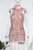 Pink Sexy Print See-through Turtleneck Sleeveless Dress Dresses