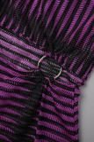 Purple Sexy Street Party Striped Patchwork Metal Accessories Decoration Backless Halter One Step Skirt Dresses