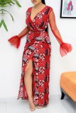 Rode casual print patchwork split V-hals jurken met lange mouwen