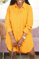 Желтое повседневное однотонное платье-рубашка в стиле пэчворк с отложным воротником Платья Платья