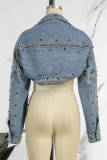 Cardigan con rivetti patchwork casual azzurro Giacca di jeans regolare a maniche lunghe con colletto alla rovescia