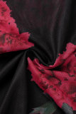 Conjunto de três peças com estampa casual rosa vermelha sexy transparente meia gola alta manga comprida