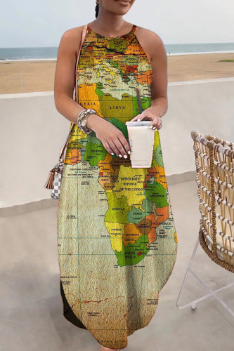 Green Casual Print Basic O Neck Long Dress Dresses