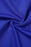Robe bleu royal décontracté uni patchwork col mandarin jupe crayon manches courtes
