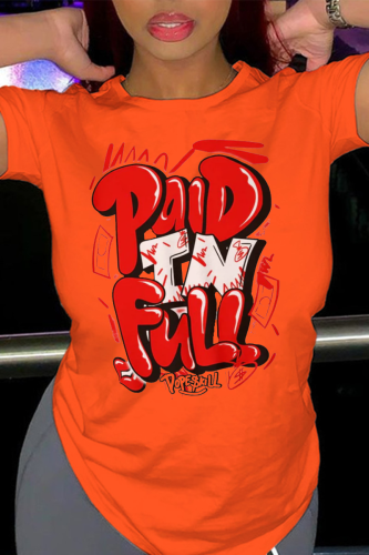 Orangefarbene Sportswear-Patchwork-O-Ausschnitt-T-Shirts mit Vintage-Print