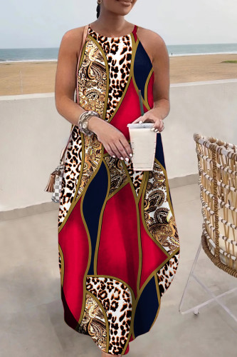 Red Casual Print Basic O Neck Long Dress Dresses
